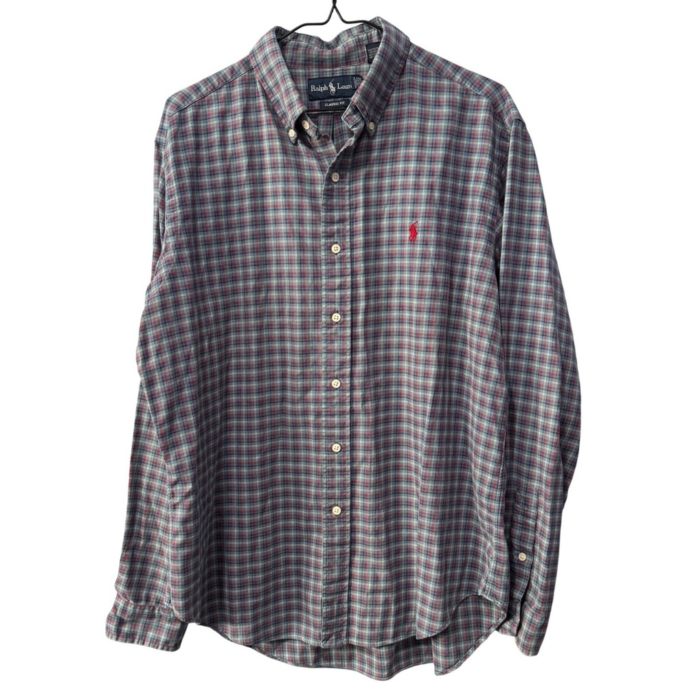 Vintage Ralph Lauren Mens Classic Fit Plaid Button Down Shirt Blue Red Green L